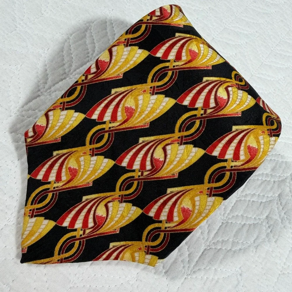 Enrico Guccini Silk Tie Mens XL Black Gold Red Art Deco Geometric 64